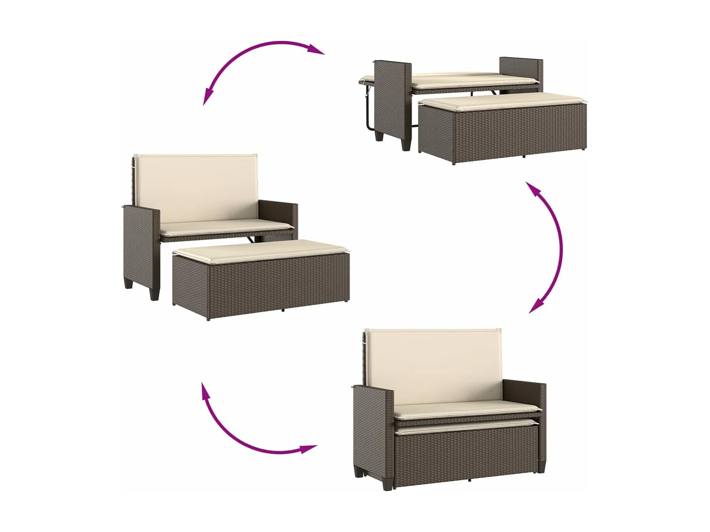 Banc de jardin et coussins et repose-pied marron résine tressée