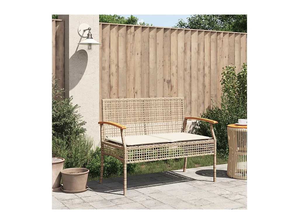 Banco de jardín con cojín ratán sintético beige y madera acacia