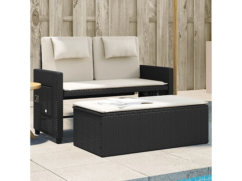 Sillón reclinable de jardín con cojines ratán sintético negro