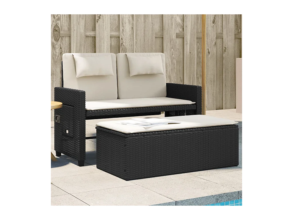 Sillón reclinable de jardín con cojines ratán sintético negro