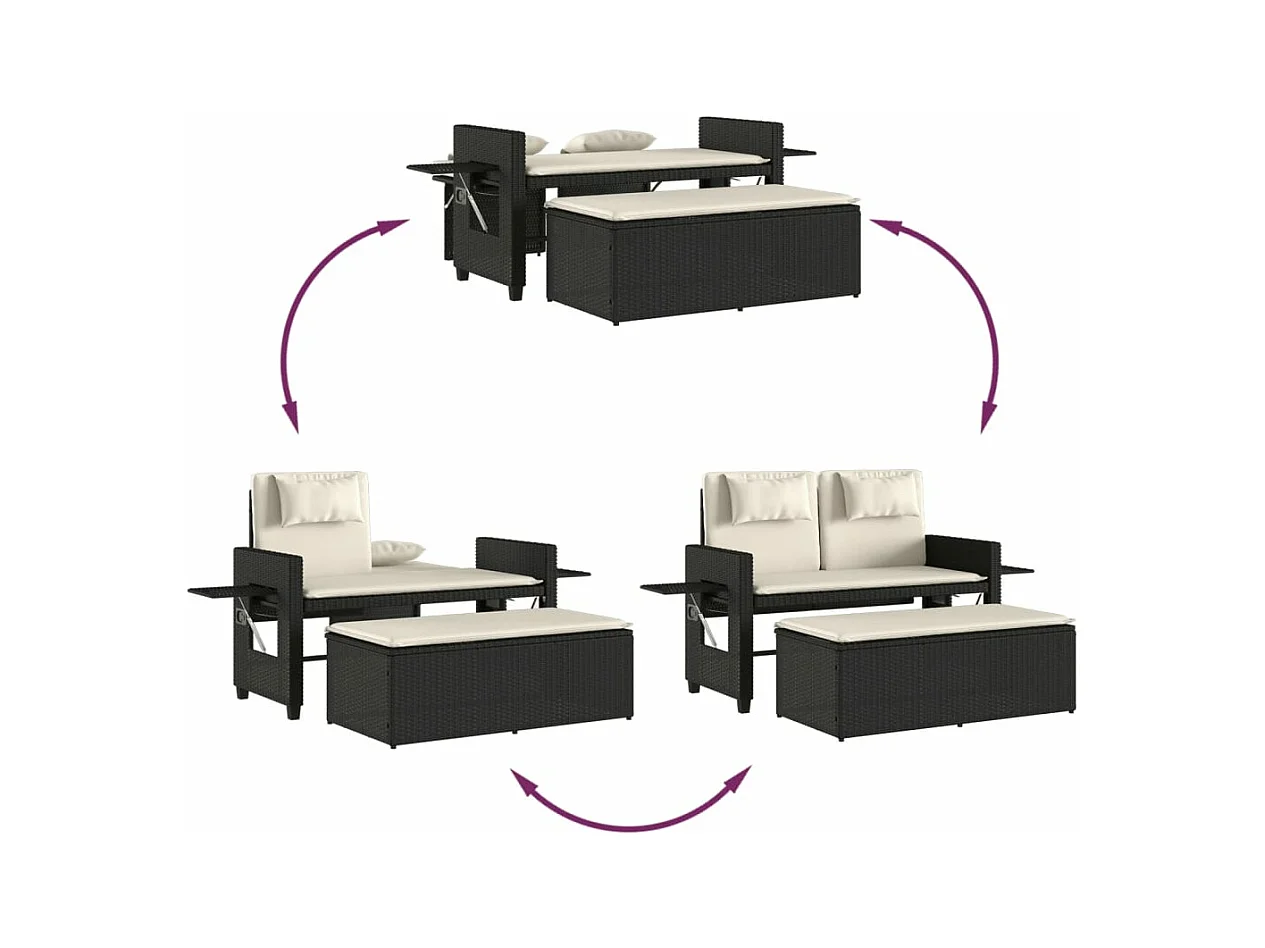 Sillón reclinable de jardín con cojines ratán sintético negro