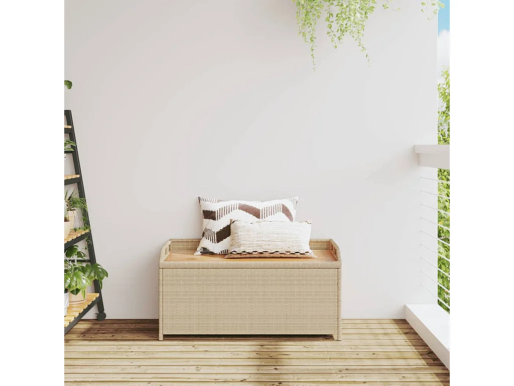 Banc de rangement mélange beige résine tressée et bois d'acacia