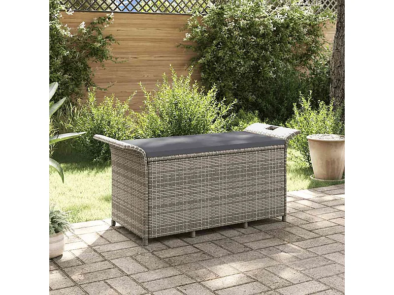 Banco de jardín con cojín ratán sintético gris 116x46x57 cm