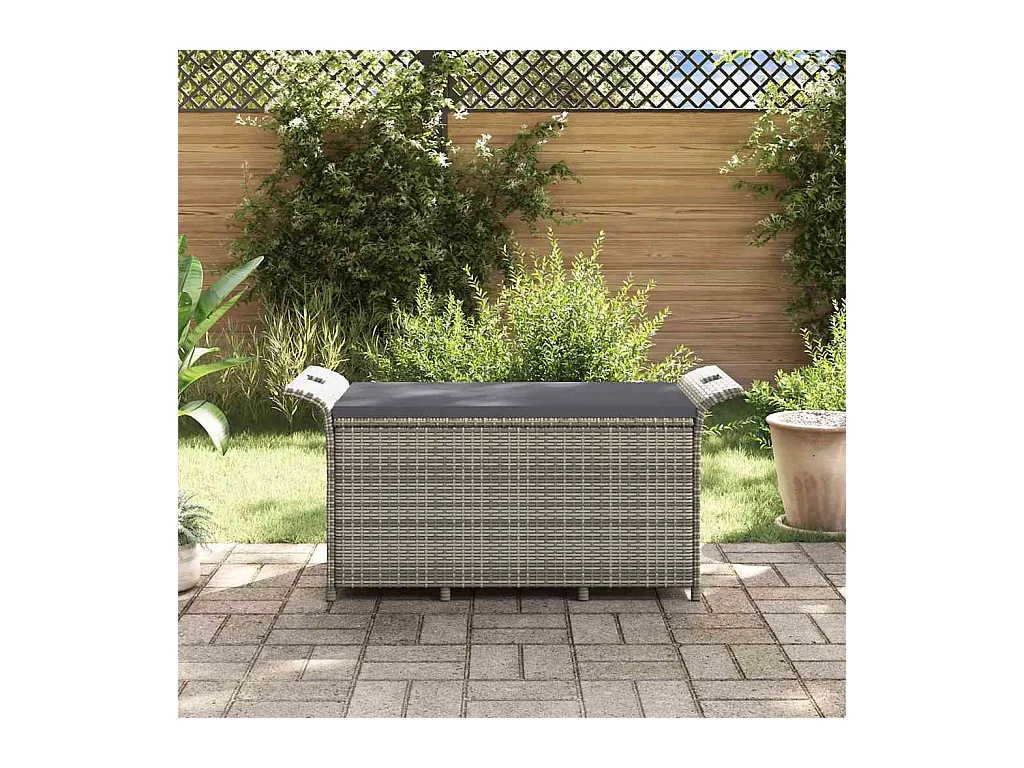 Banco de jardín con cojín ratán sintético gris 116x46x57 cm