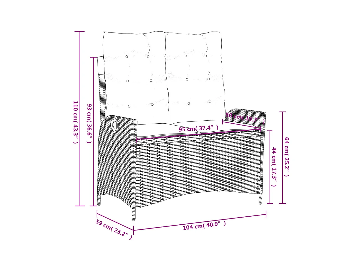 Sillón reclinable de jardín con cojines ratán sintético marrón