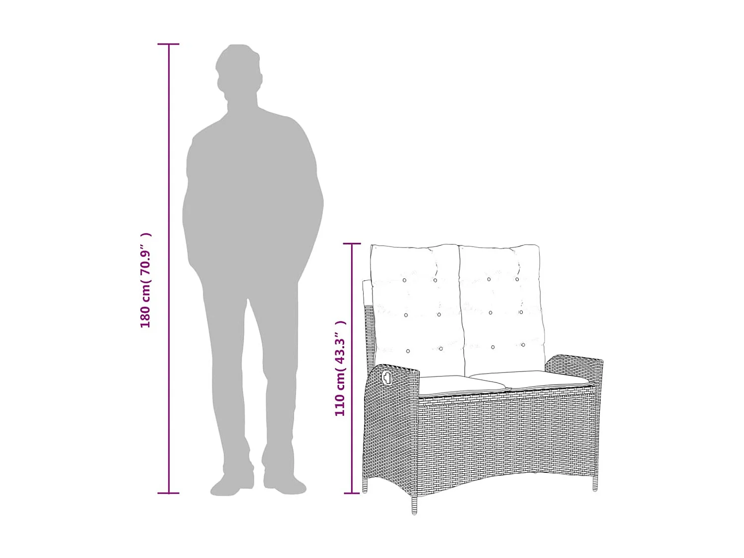 Banc inclinable de jardin avec coussins marron résine tressée