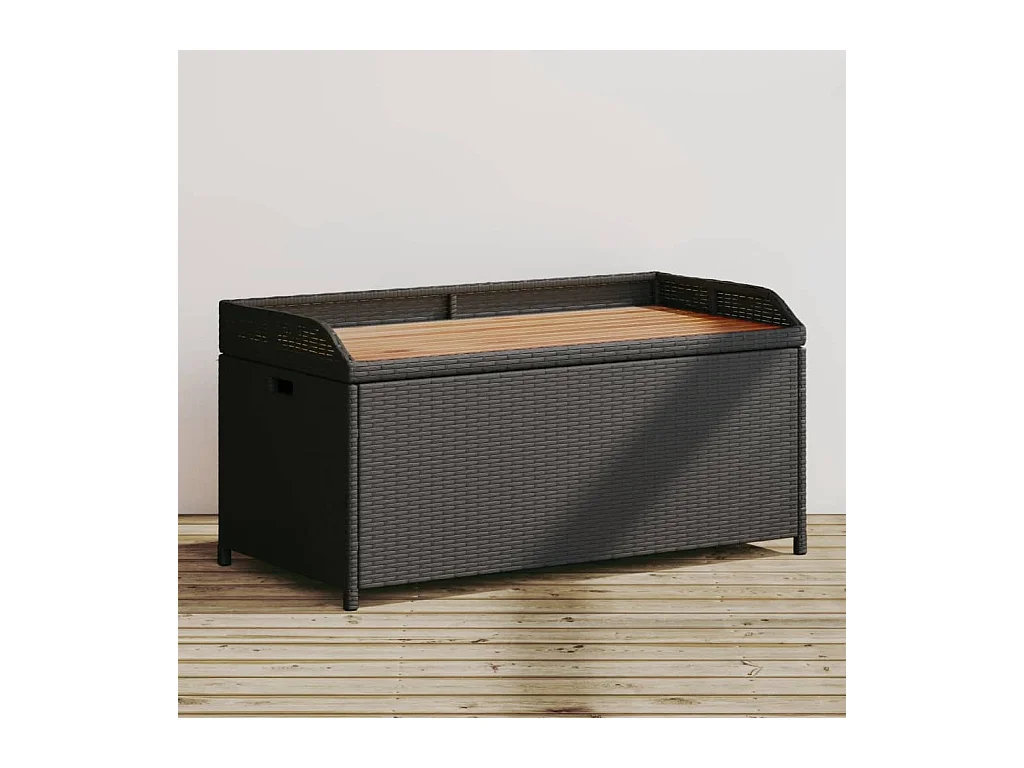 Banc de rangement noir résine tressée et bois d'acacia