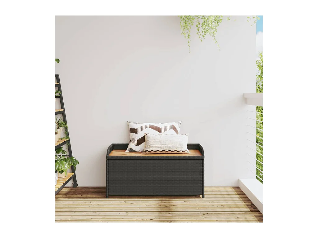 Banc de rangement noir résine tressée et bois d'acacia