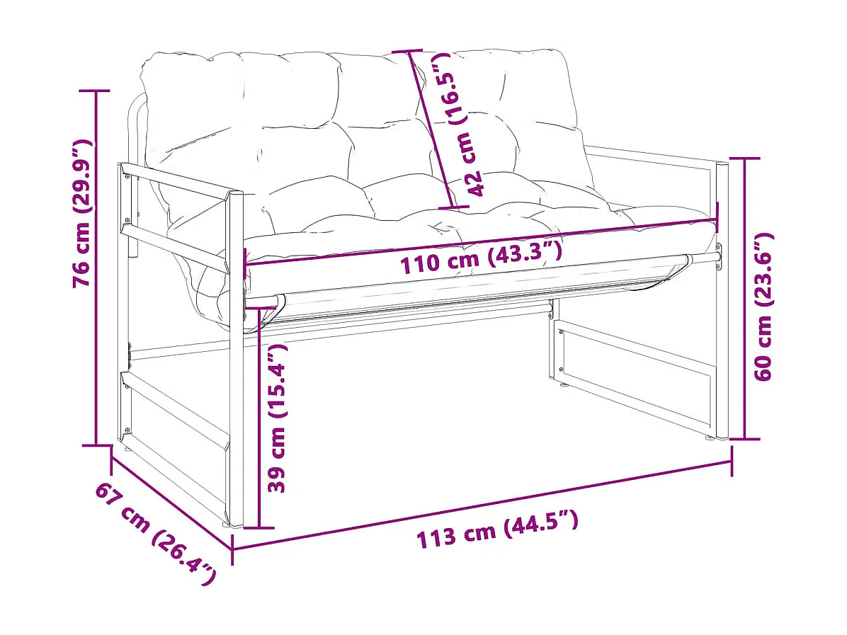 Banc de jardin avec coussin anthracite 113 cm acier