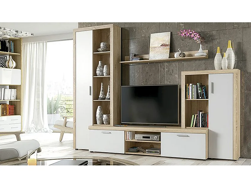 Ensemble de salon meuble TV + 1  étagère murale + vitrine haute  + buffet bas coloris  chêne cambrian, Blanc