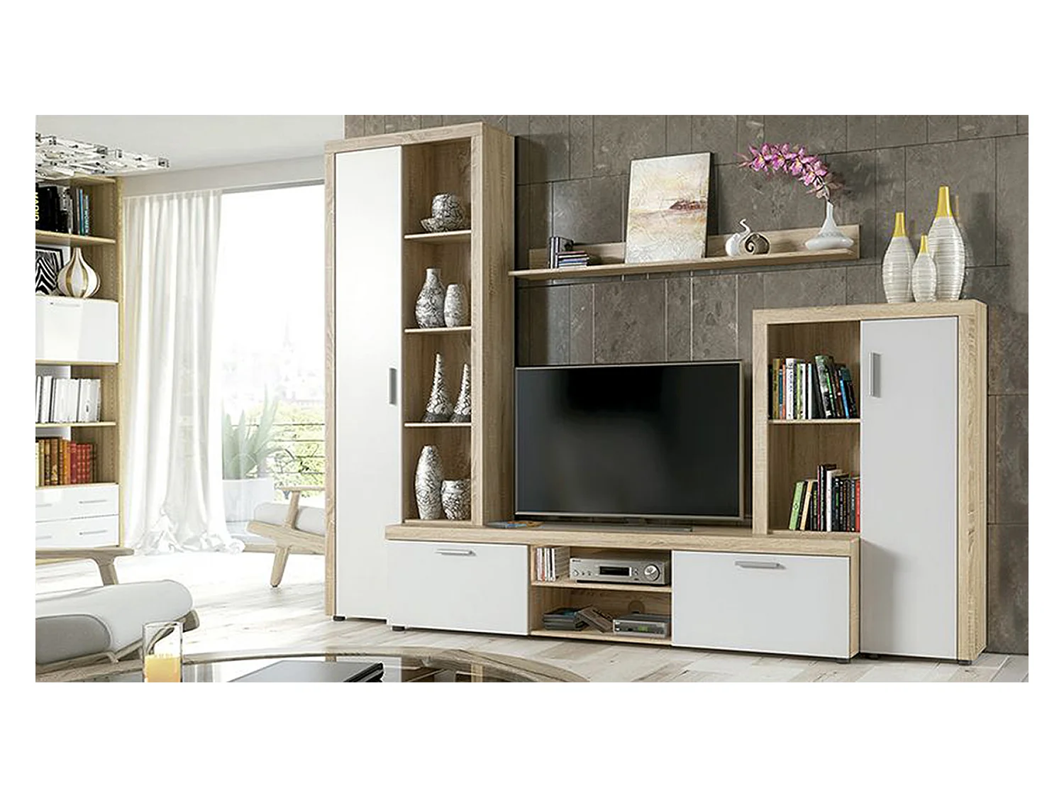 Ensemble de salon meuble TV + 1  étagère murale + vitrine haute  + buffet bas coloris  chêne cambrian, Blanc