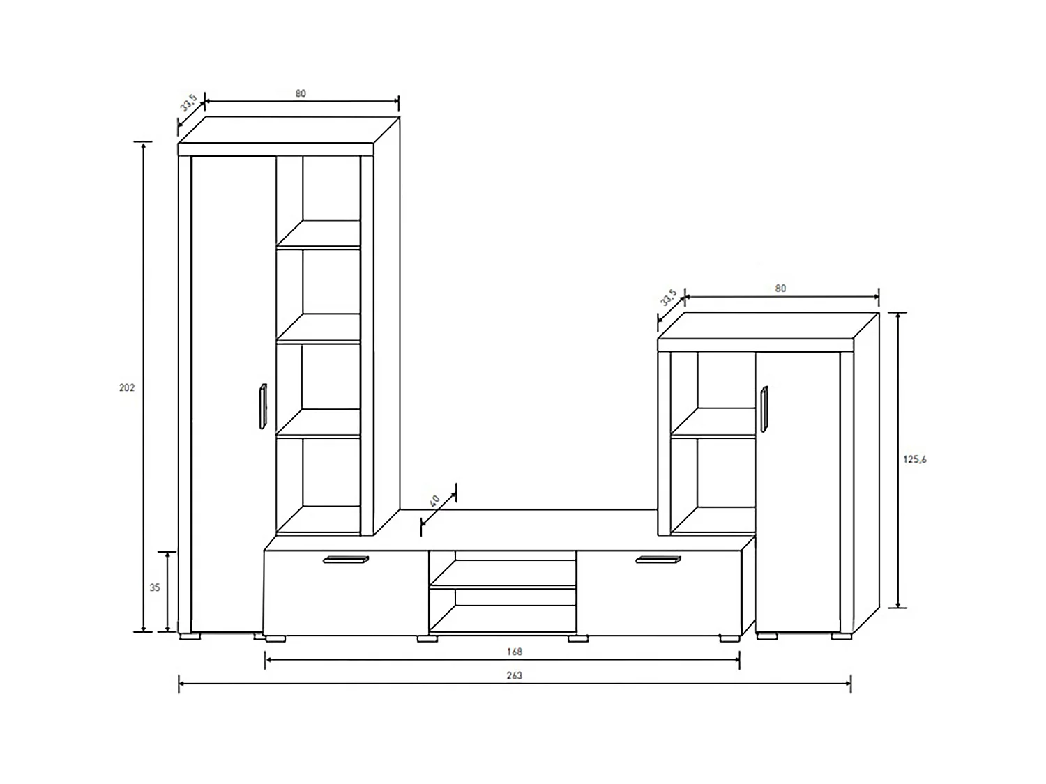 Ensemble de salon meuble TV + 1  étagère murale + vitrine haute  + buffet bas coloris  chêne cambrian, Blanc