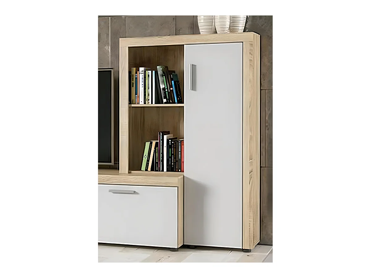 Ensemble de salon meuble TV + 1  étagère murale + vitrine haute  + buffet bas coloris  chêne cambrian, Blanc