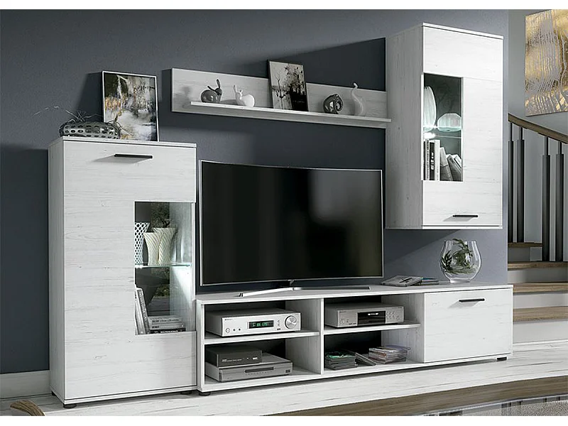 Ensemble de salon meuble TV + 1 étagère murale + vitrine + meuble haut coloris pin andersen