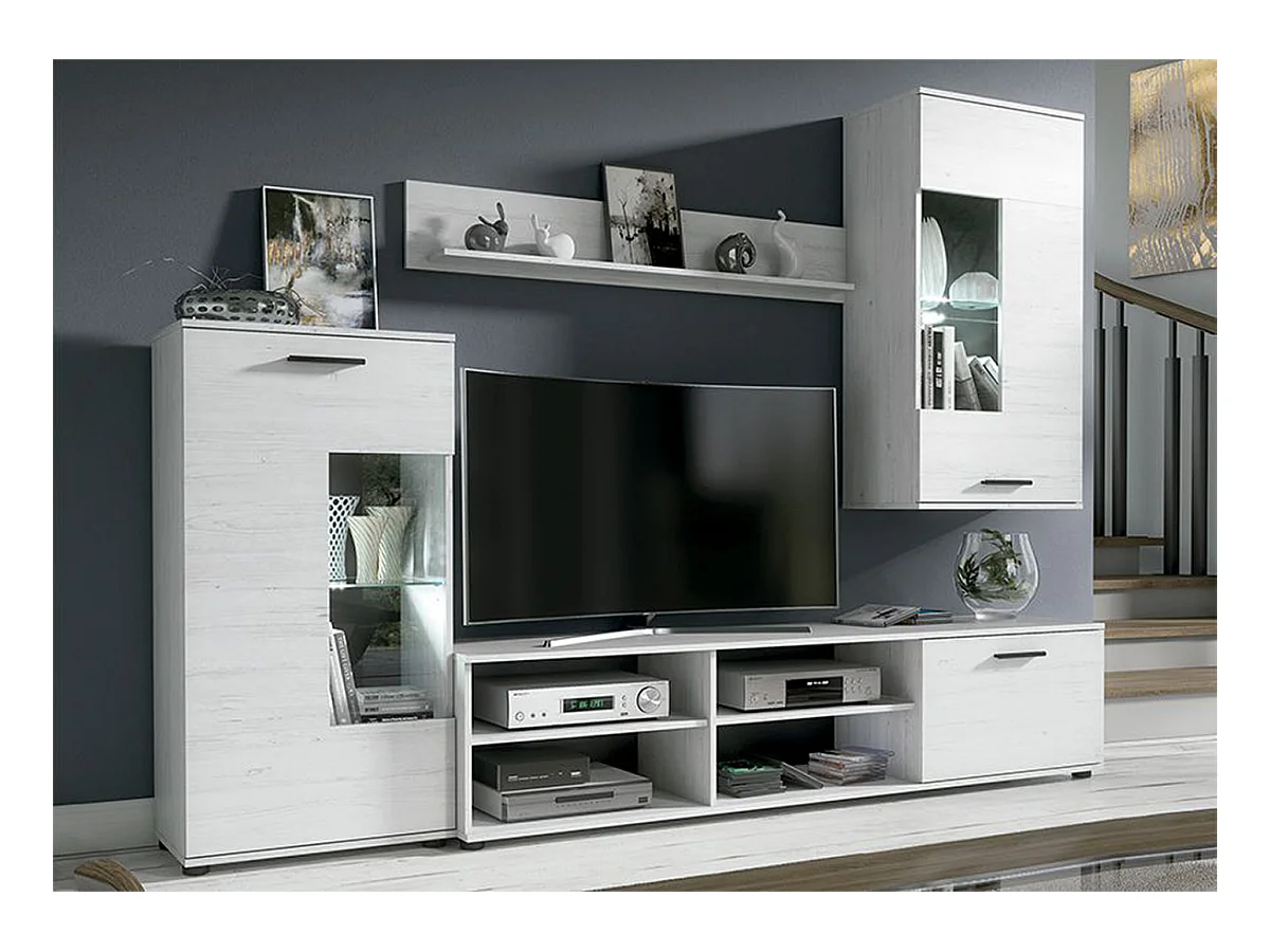 Ensemble de salon meuble TV + 1 étagère murale + vitrine + meuble haut coloris pin andersen