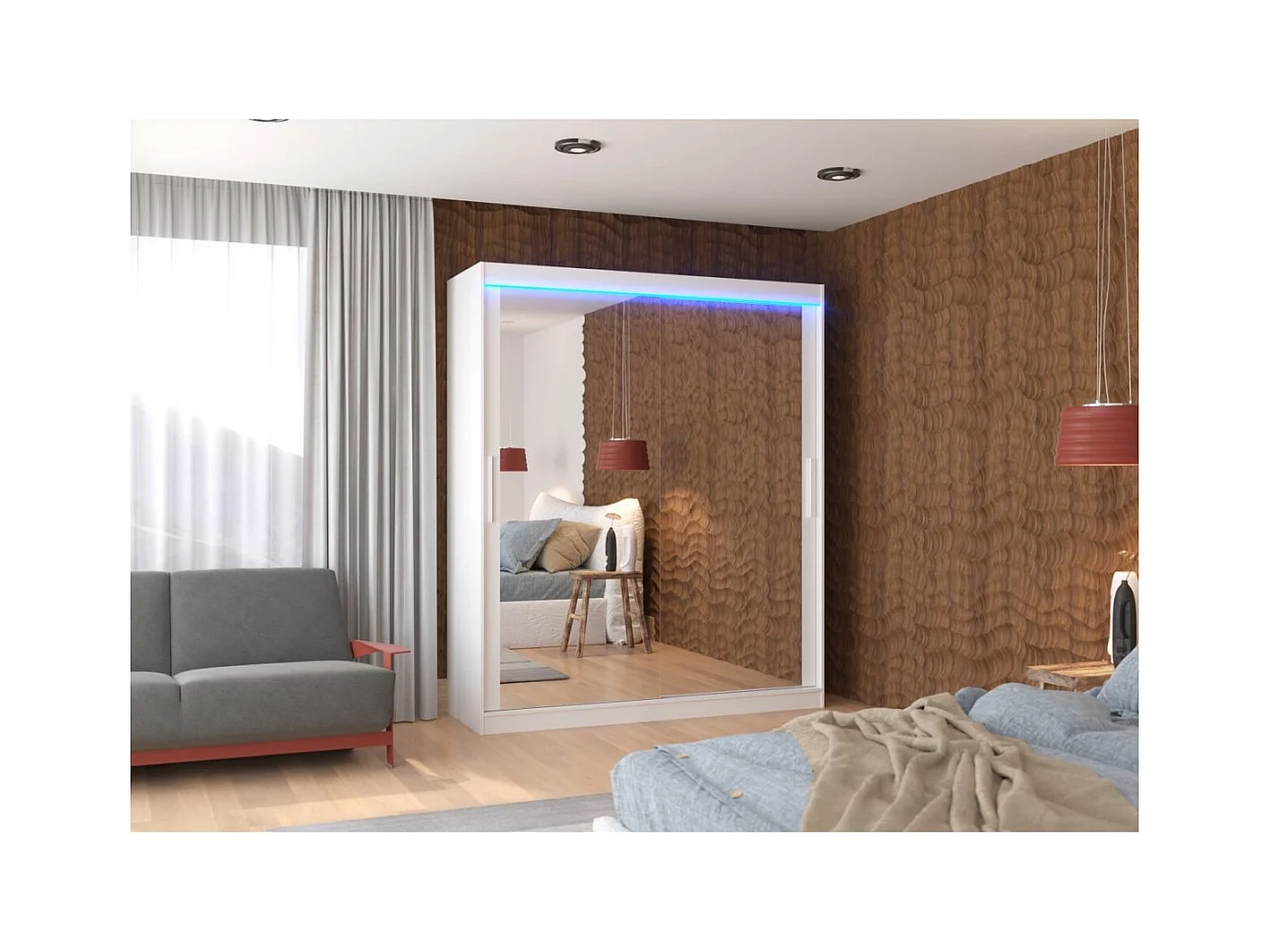 Armoire Elio (180cm)/portes coulissantes/miroir/LED/Blanc