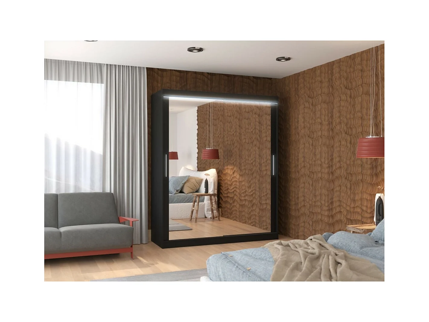 Armoire Elio (180cm)/portes coulissantes/miroir/LED/Noir