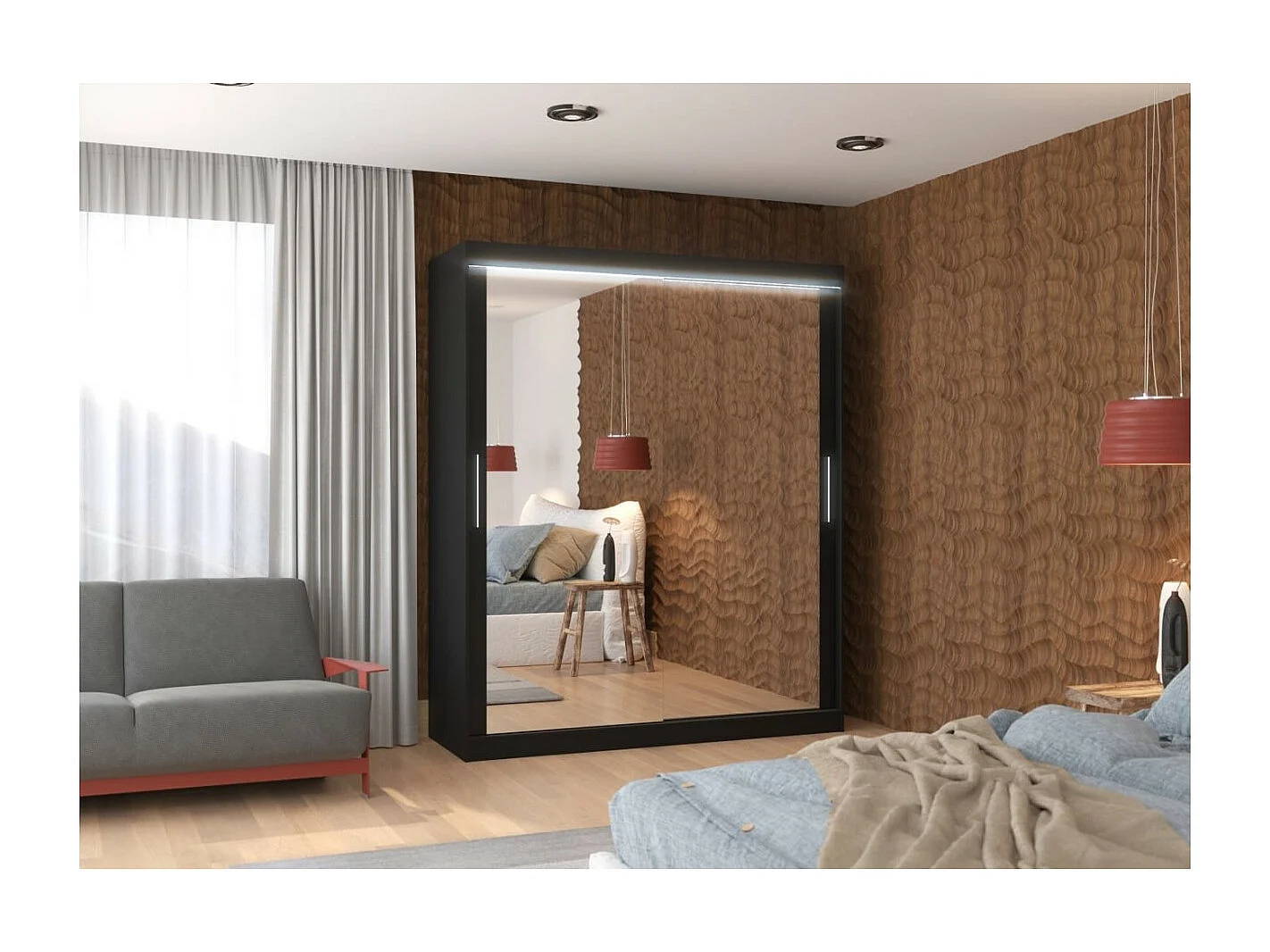 Kleiderschrank Elio (180cm)/Schiebetüren/Spiegel/LED/Schwarz