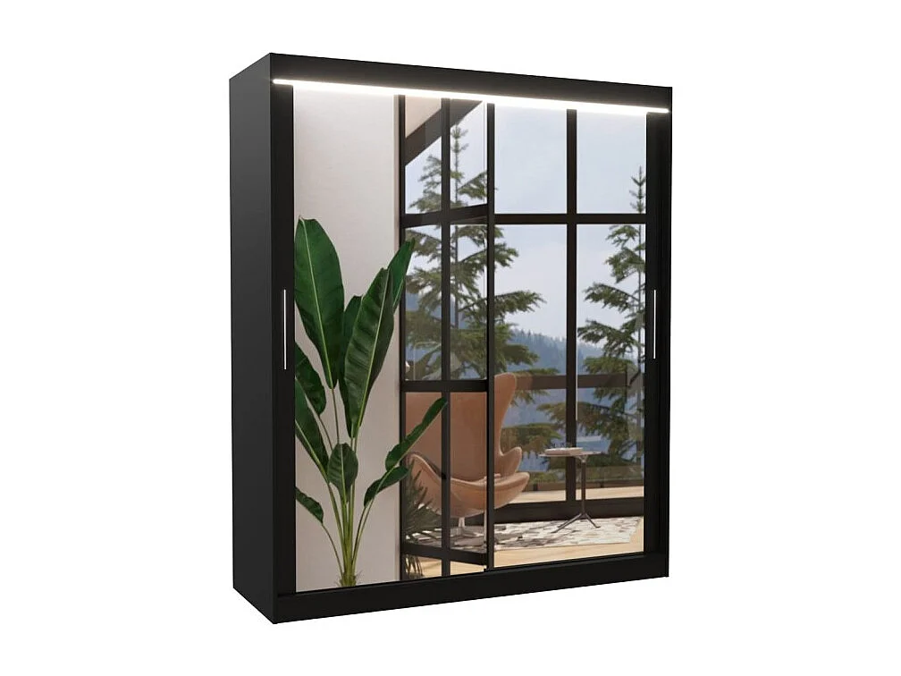 Kleiderschrank Elio (180cm)/Schiebetüren/Spiegel/LED/Schwarz