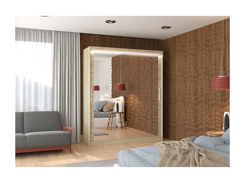 Armoire Elio (180cm)/portes coulissantes/miroir/LED/Sonoma