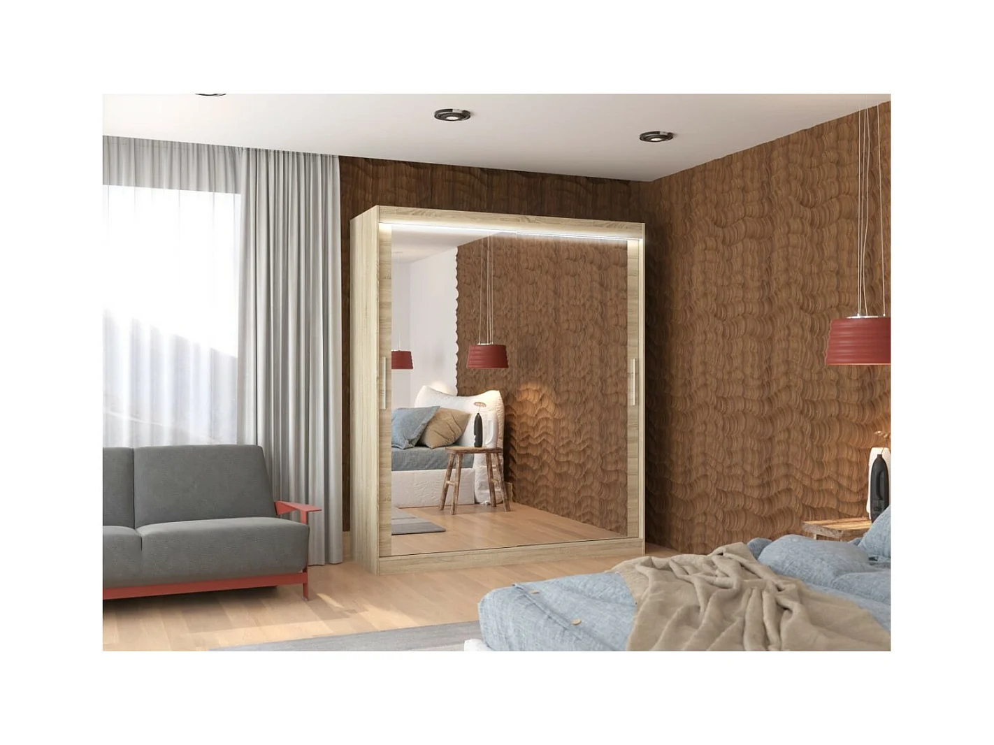 Armoire Elio (180cm)/portes coulissantes/miroir/LED/Sonoma