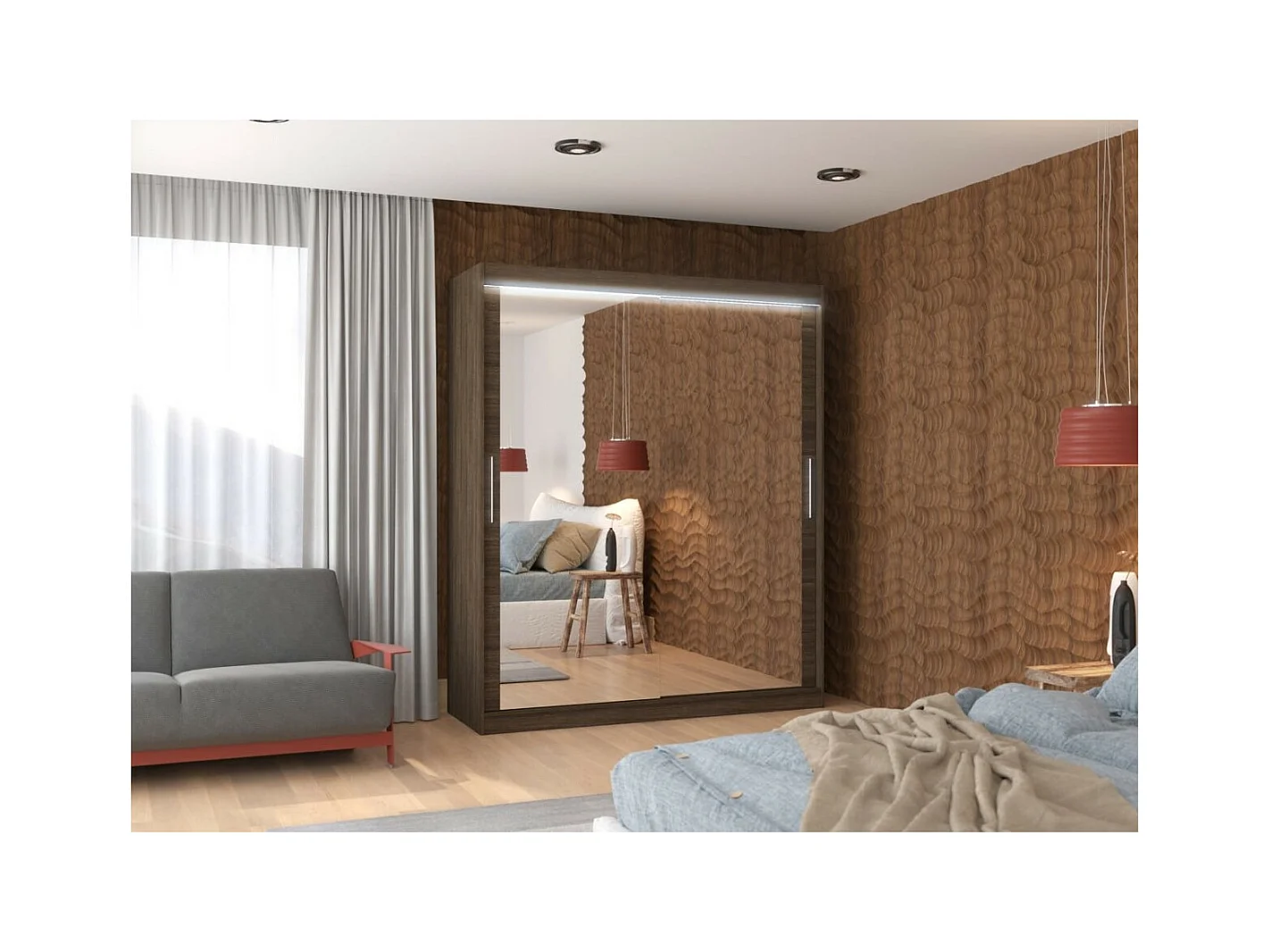 Armoire Elio (180cm)/portes coulissantes/miroir/LED/Marron