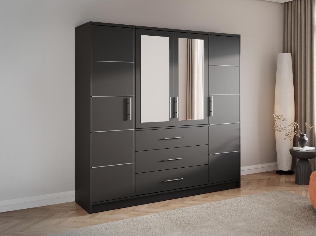 Armoire 4 portes et 3 tiroirs - Avec miroirs - L196 - Noir et argenté - MONLIO