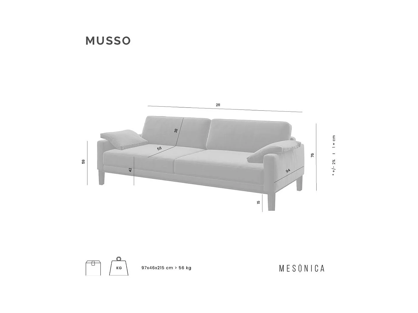 Canapé 3 placesmatelassé Musso ombre gris