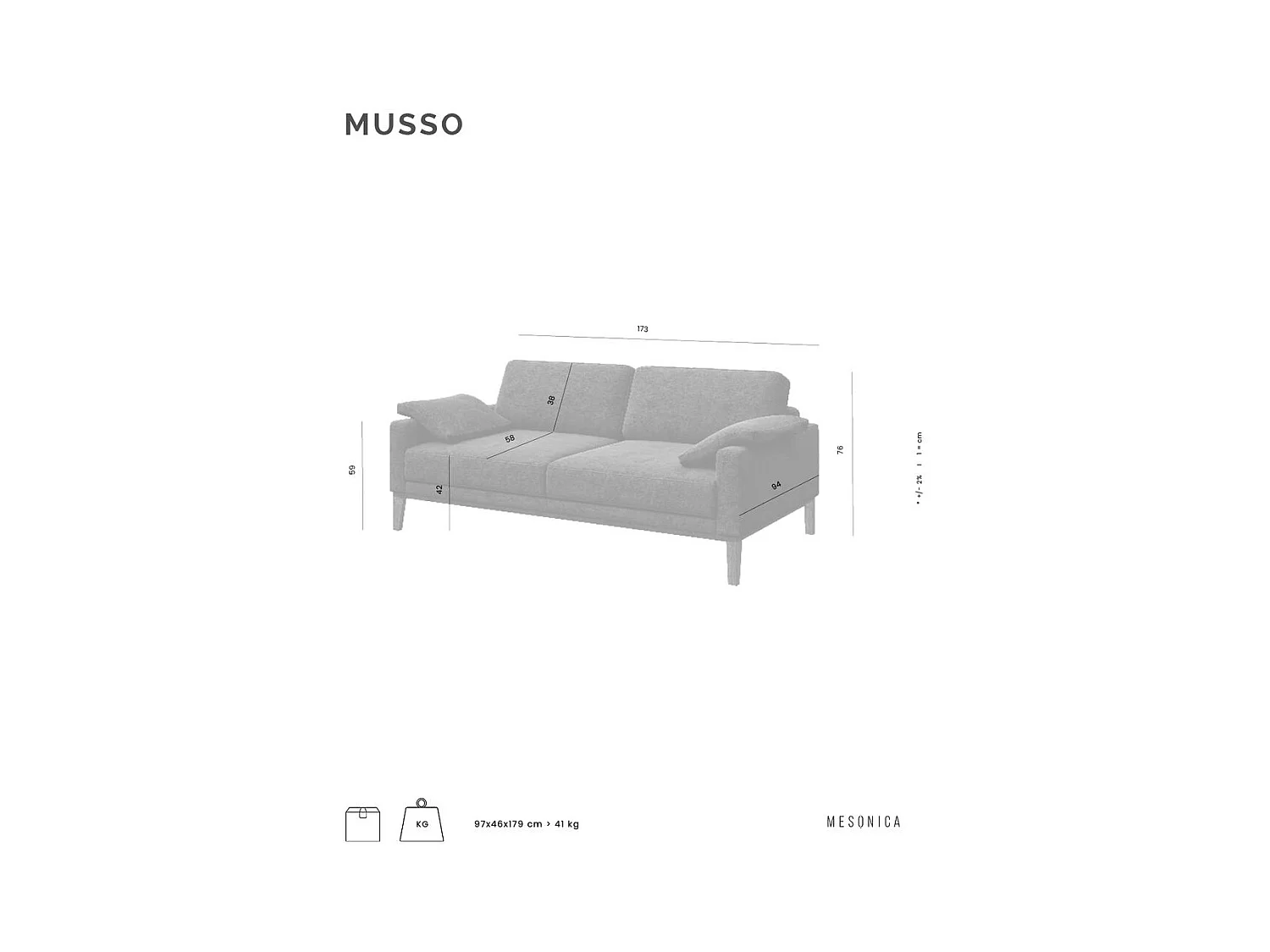 Canapé 2 places Musso gris avec assise capitonnée