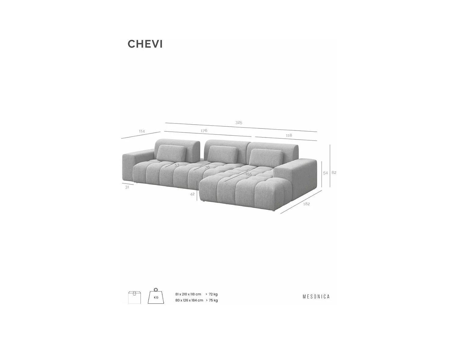 Canapé d'angle droit Chevi gris à