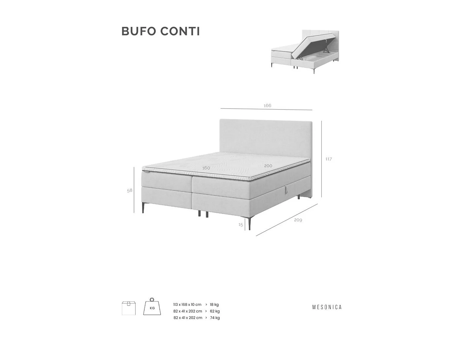 Mesonica Bufo Lit Continental, carrés gris 160x20, Surmatelas 160x200 h: 5 cm0