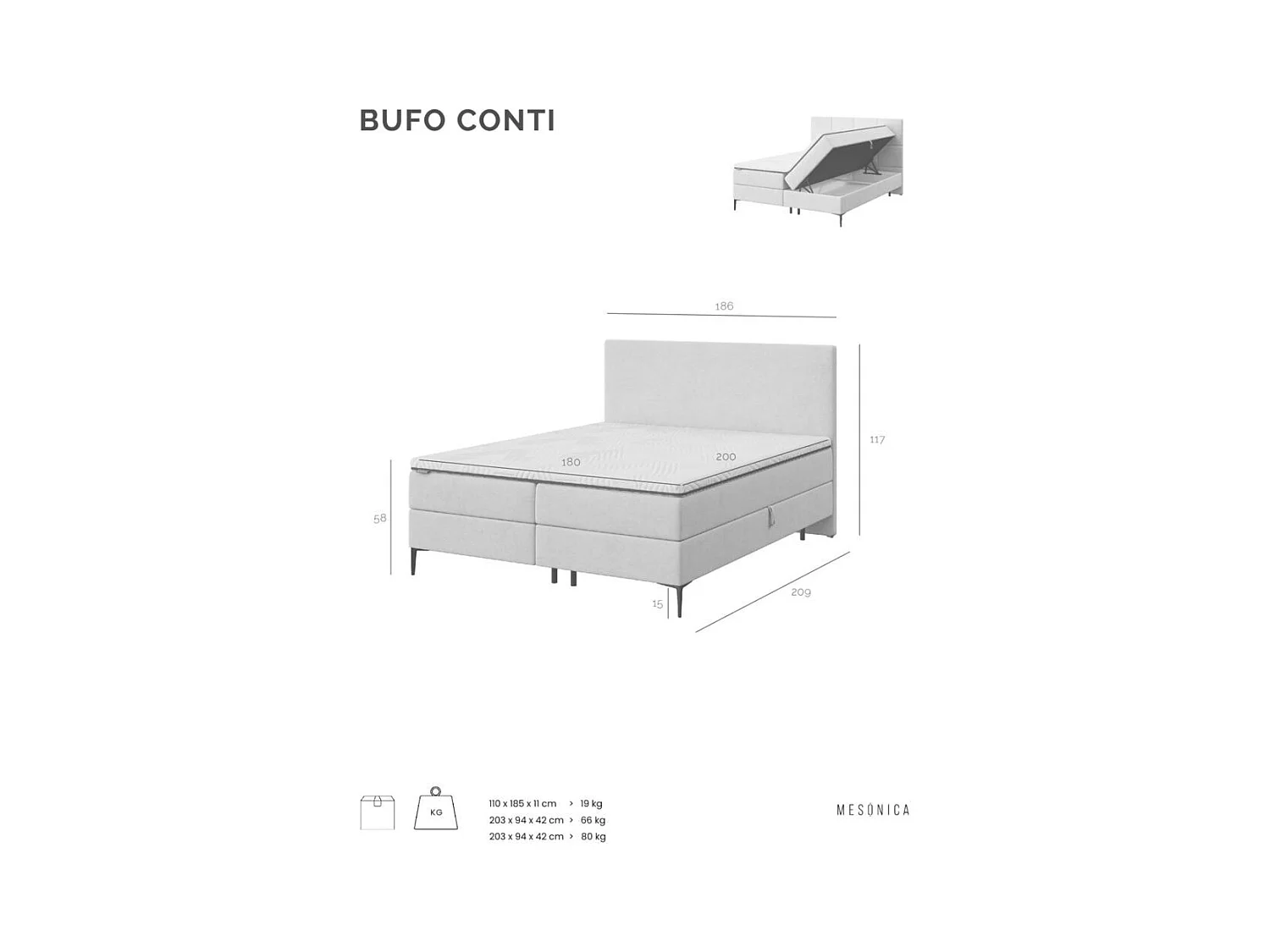 Mesonica Bufo Lit Continental, carrés gris 180x200, Surmatelas 180x200 h: 5 cm