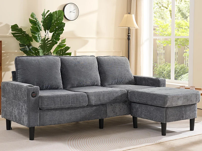 Canapé 3 places rembourré - avec ports USB et Type-C - avec deux porte-gobelets - Canapé-lit en L - Gris