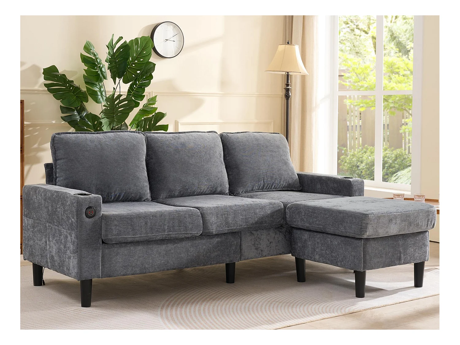 Canapé 3 places rembourré - avec ports USB et Type-C - avec deux porte-gobelets - Canapé-lit en L - Gris