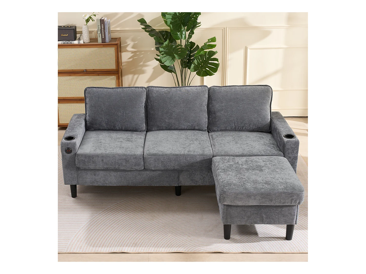 Canapé 3 places rembourré - avec ports USB et Type-C - avec deux porte-gobelets - Canapé-lit en L - Gris