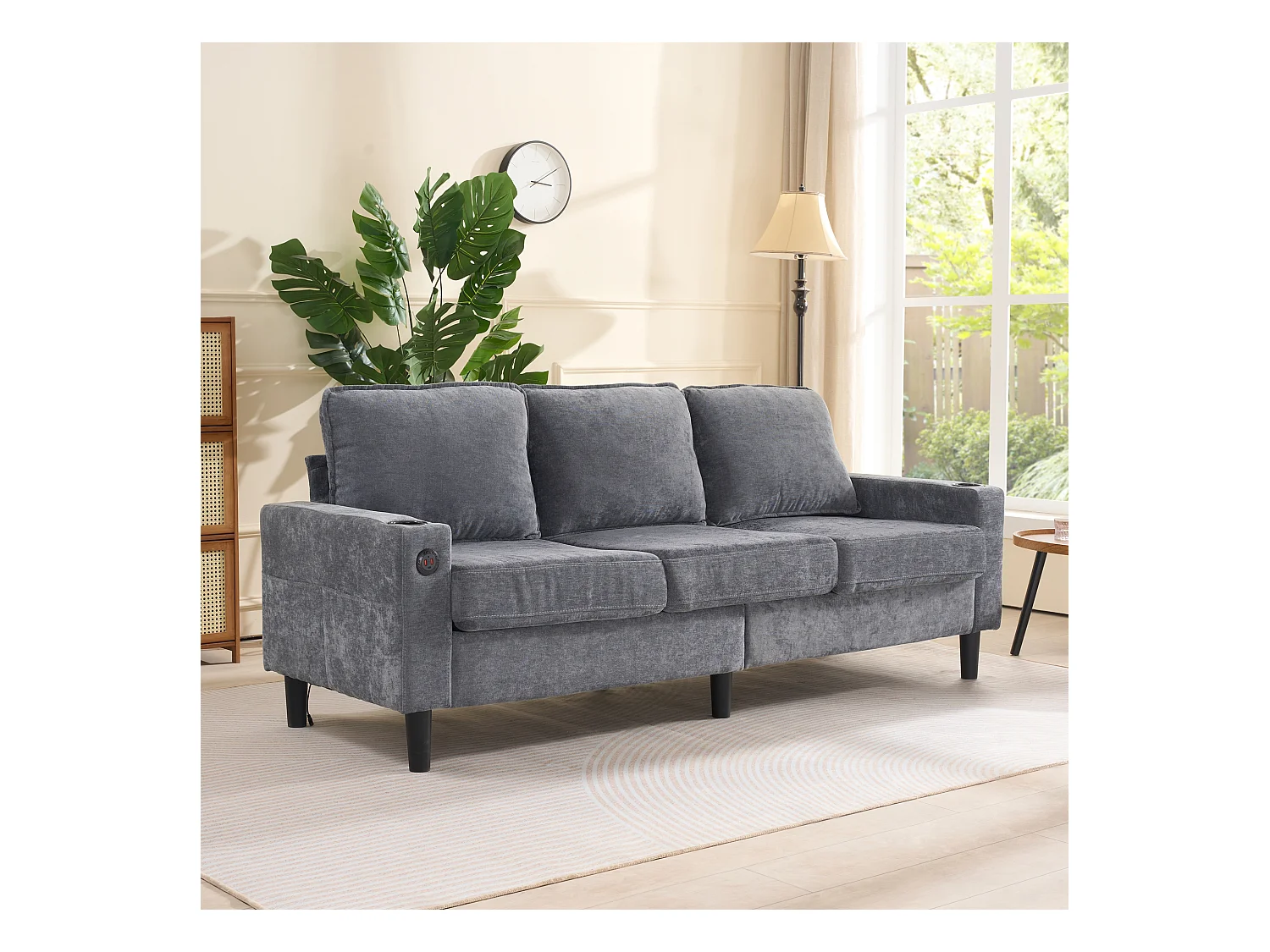 Canapé 3 places rembourré - avec ports USB et Type-C - avec deux porte-gobelets - Canapé-lit en L - Gris