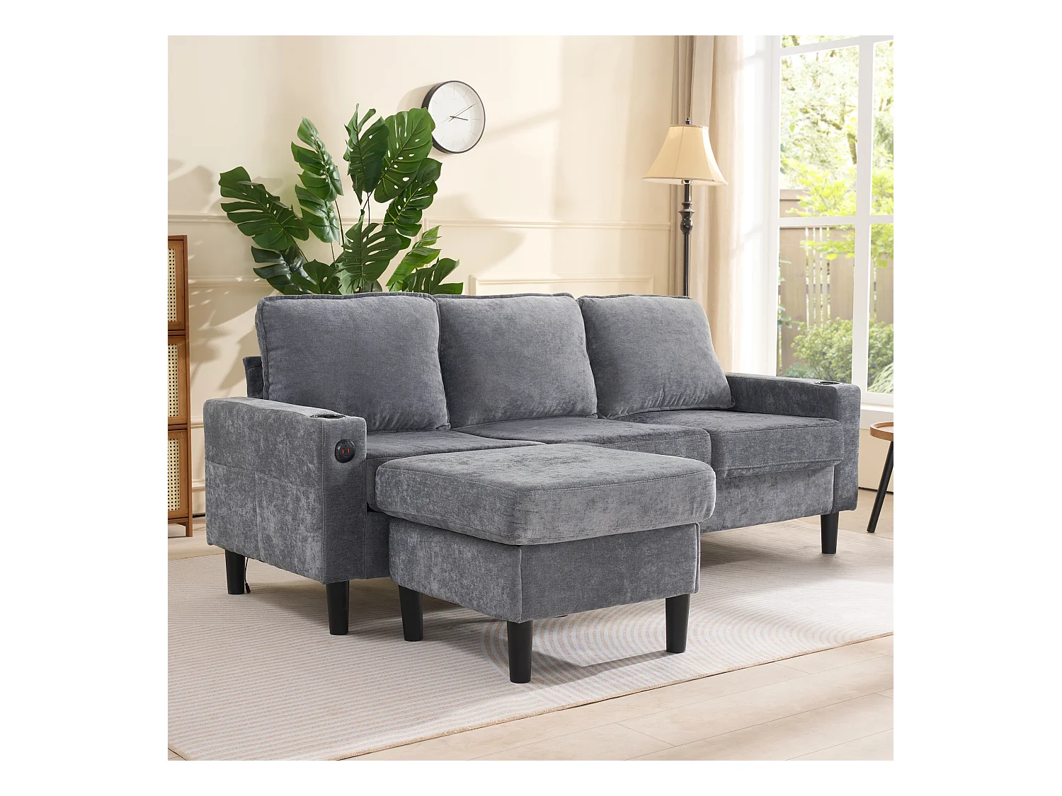 Canapé 3 places rembourré - avec ports USB et Type-C - avec deux porte-gobelets - Canapé-lit en L - Gris