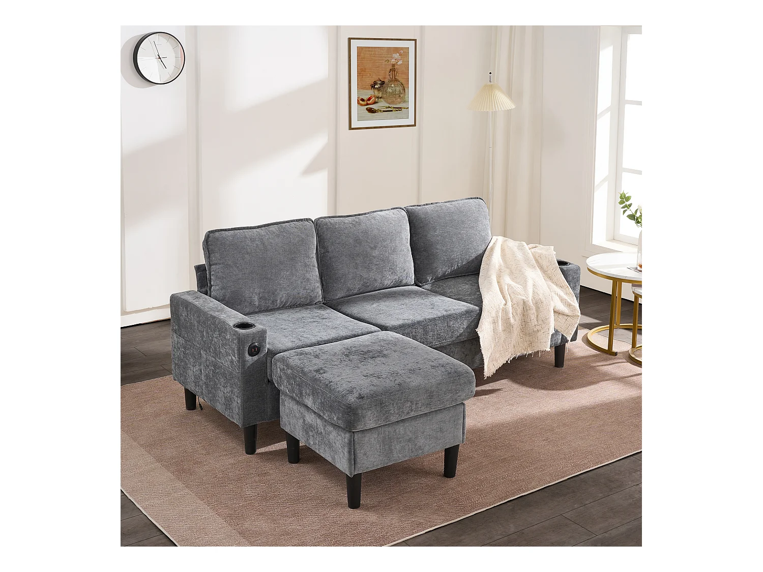 Canapé 3 places rembourré - avec ports USB et Type-C - avec deux porte-gobelets - Canapé-lit en L - Gris