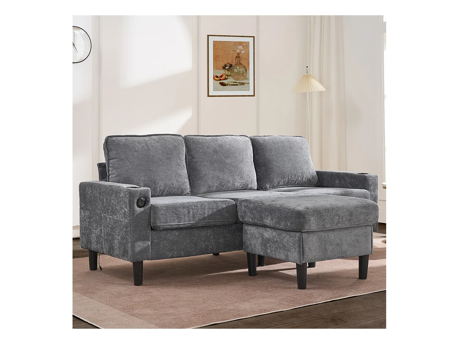 Canapé 3 places rembourré - avec ports USB et Type-C - avec deux porte-gobelets - Canapé-lit en L - Gris