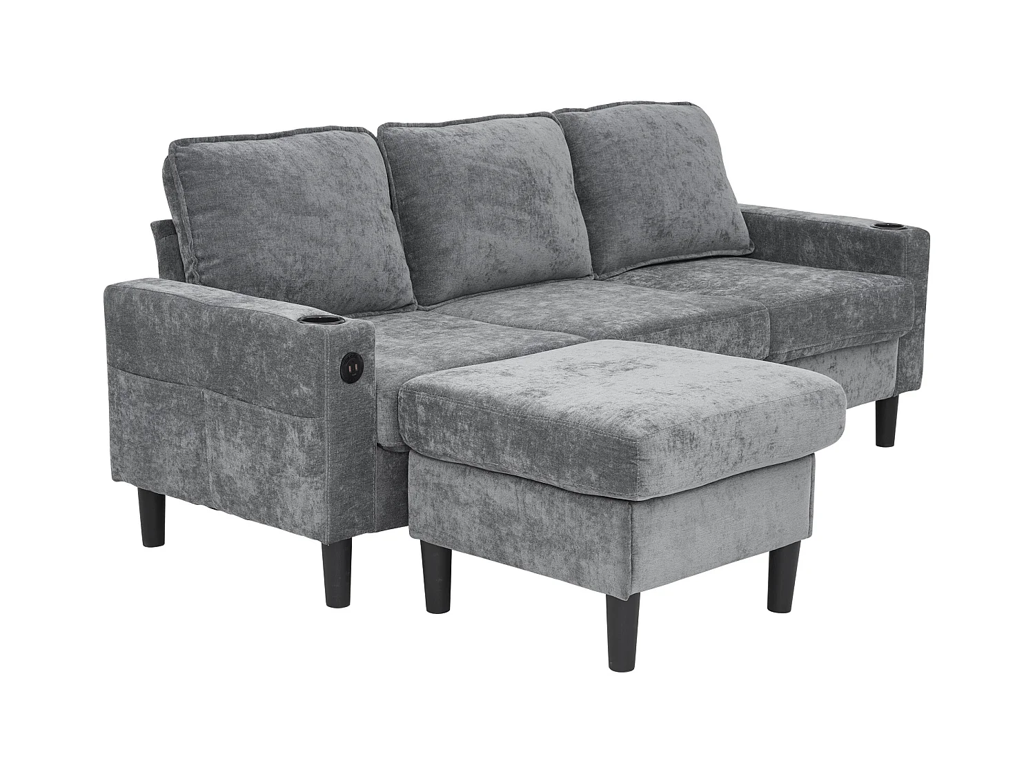 Canapé 3 places rembourré - avec ports USB et Type-C - avec deux porte-gobelets - Canapé-lit en L - Gris