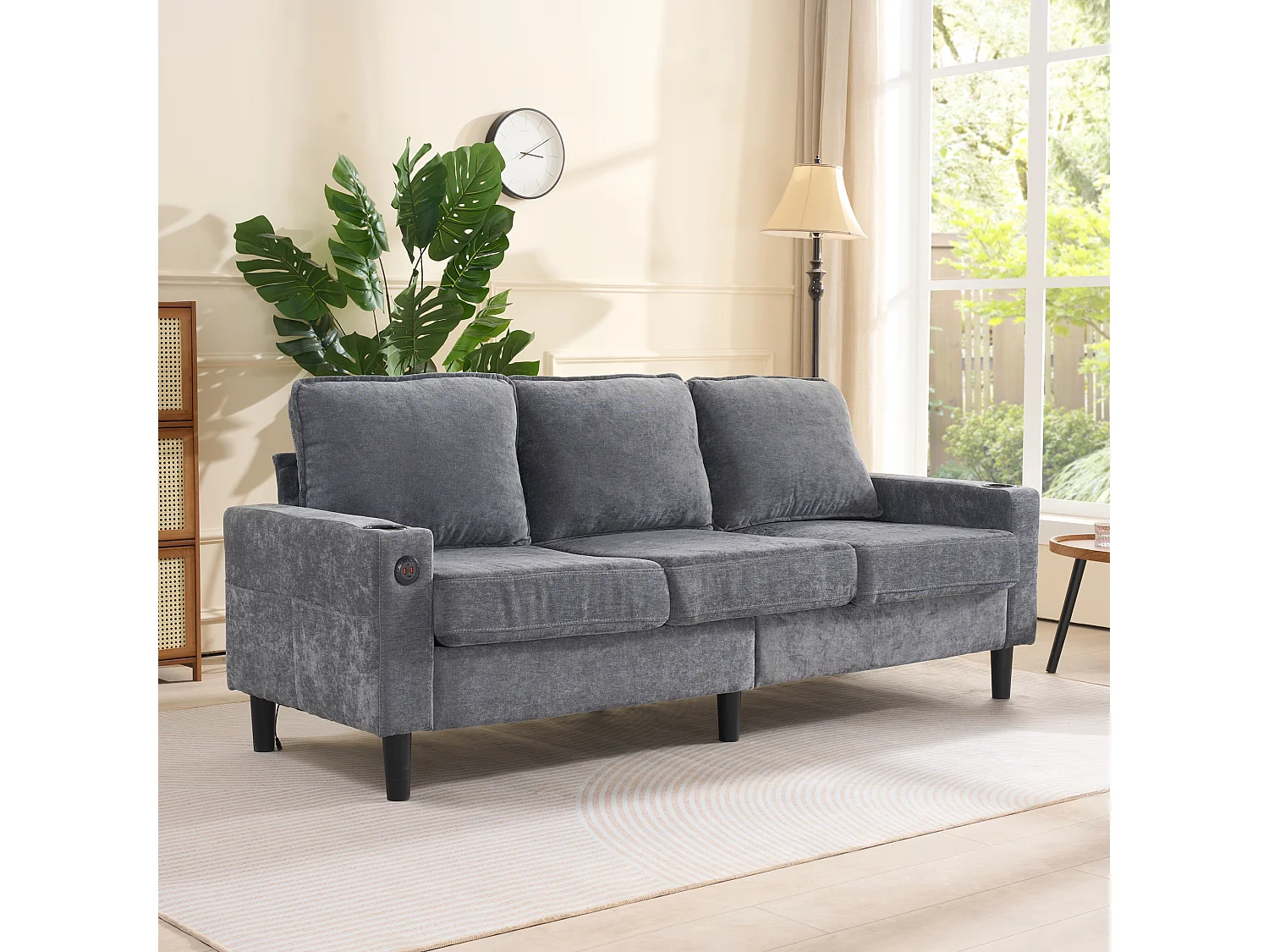 Canapé 3 places rembourré - avec ports USB et Type-C - avec deux porte-gobelets - Canapé-lit en L - Gris