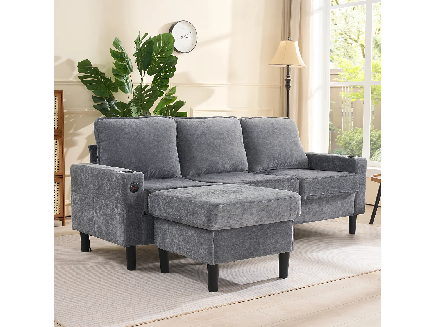 Canapé 3 places rembourré - avec ports USB et Type-C - avec deux porte-gobelets - Canapé-lit en L - Gris