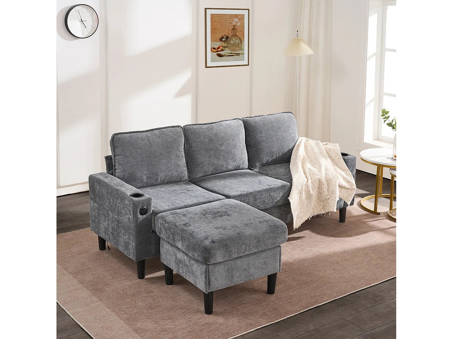 Canapé 3 places rembourré - avec ports USB et Type-C - avec deux porte-gobelets - Canapé-lit en L - Gris