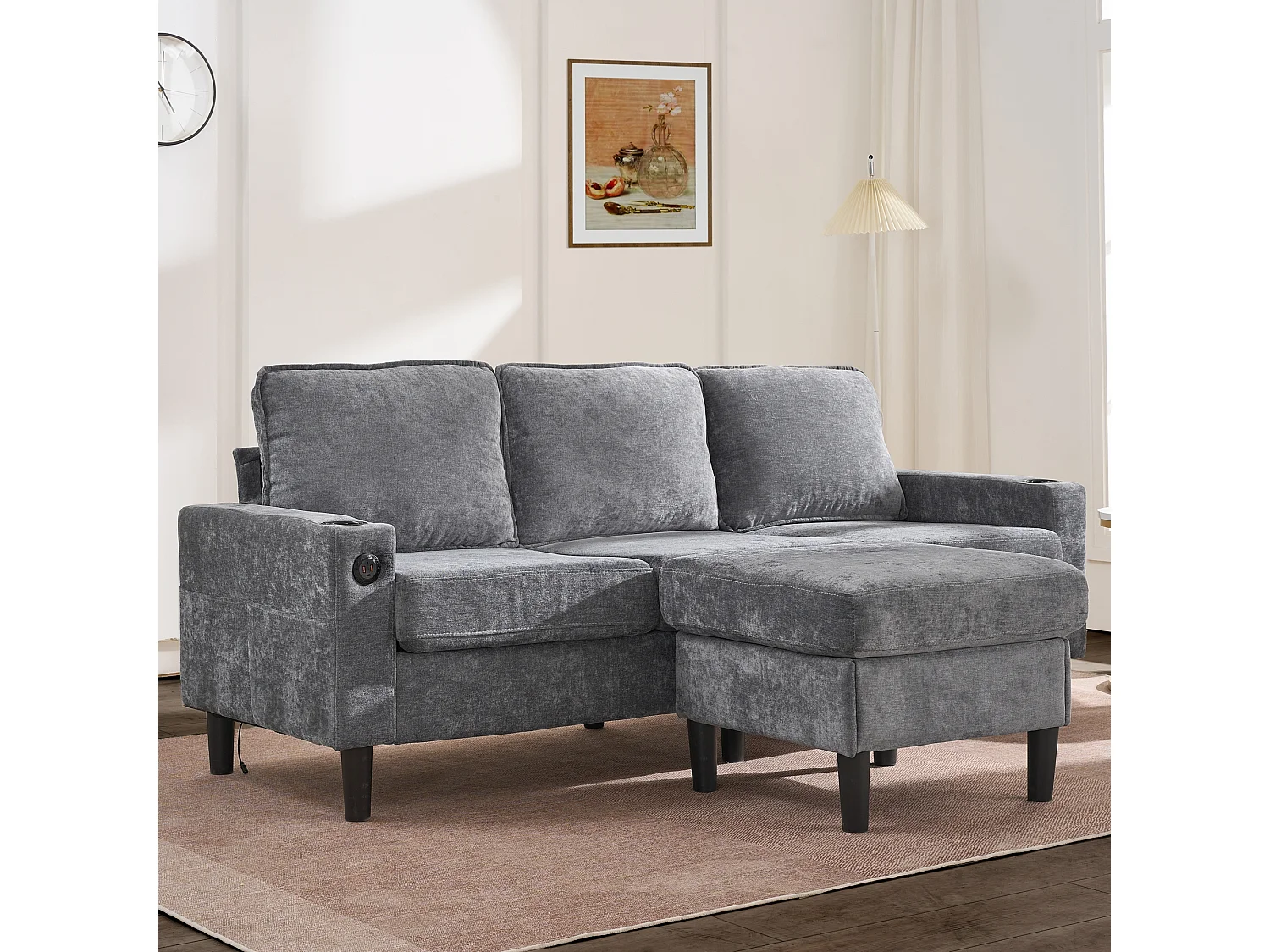 Canapé 3 places rembourré - avec ports USB et Type-C - avec deux porte-gobelets - Canapé-lit en L - Gris