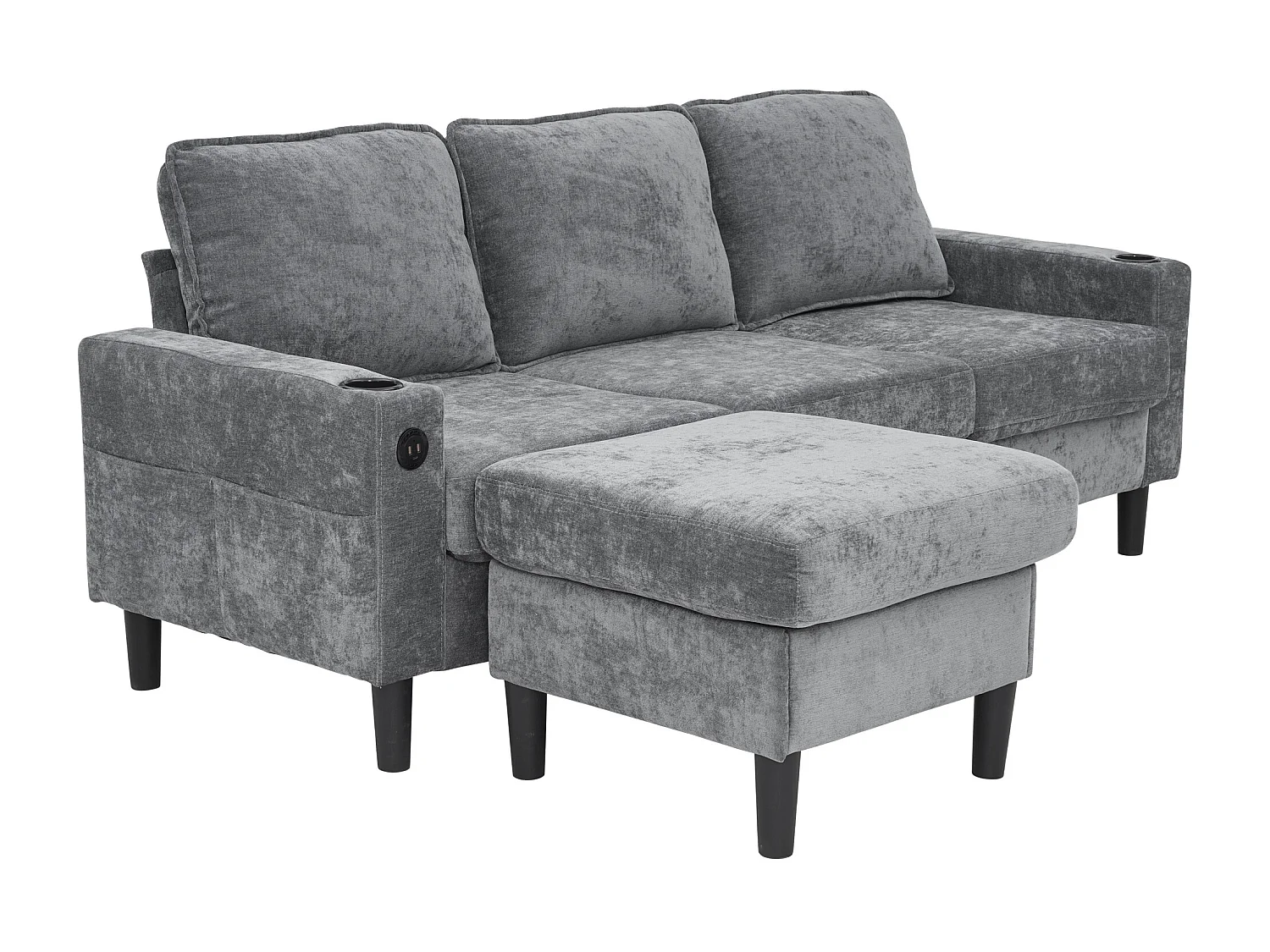 Canapé 3 places rembourré - avec ports USB et Type-C - avec deux porte-gobelets - Canapé-lit en L - Gris