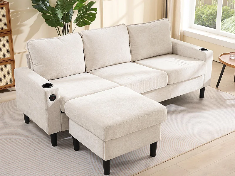 Canapé 3 places rembourré - avec ports USB et Type-C - avec deux porte-gobelets - Canapé-lit en L - Beige