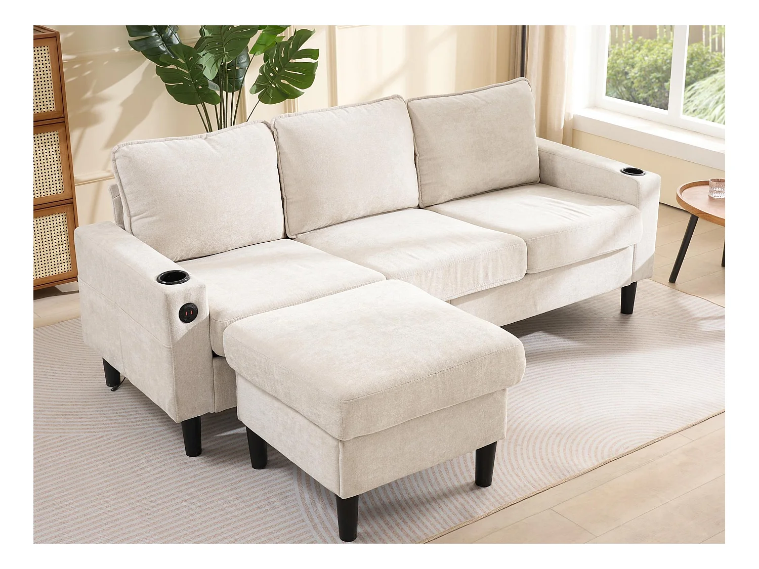 Sofá de 3 plazas acolchado​​ - con puertos ​​USB y Type-C​​ - con ​​dos portavasos​​ - ​​Sofá cama en L​​ - ​​Beige