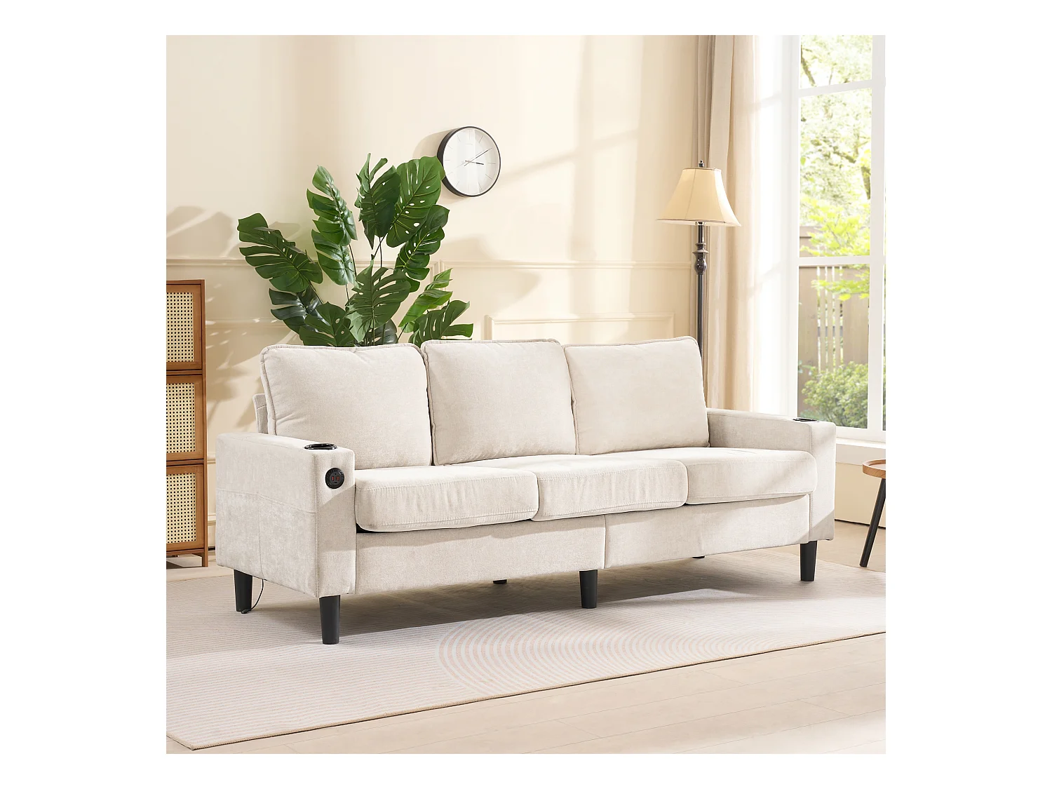 Sofá de 3 plazas acolchado​​ - con puertos ​​USB y Type-C​​ - con ​​dos portavasos​​ - ​​Sofá cama en L​​ - ​​Beige