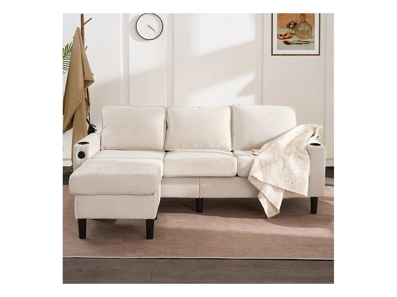 Sofá de 3 plazas acolchado​​ - con puertos ​​USB y Type-C​​ - con ​​dos portavasos​​ - ​​Sofá cama en L​​ - ​​Beige