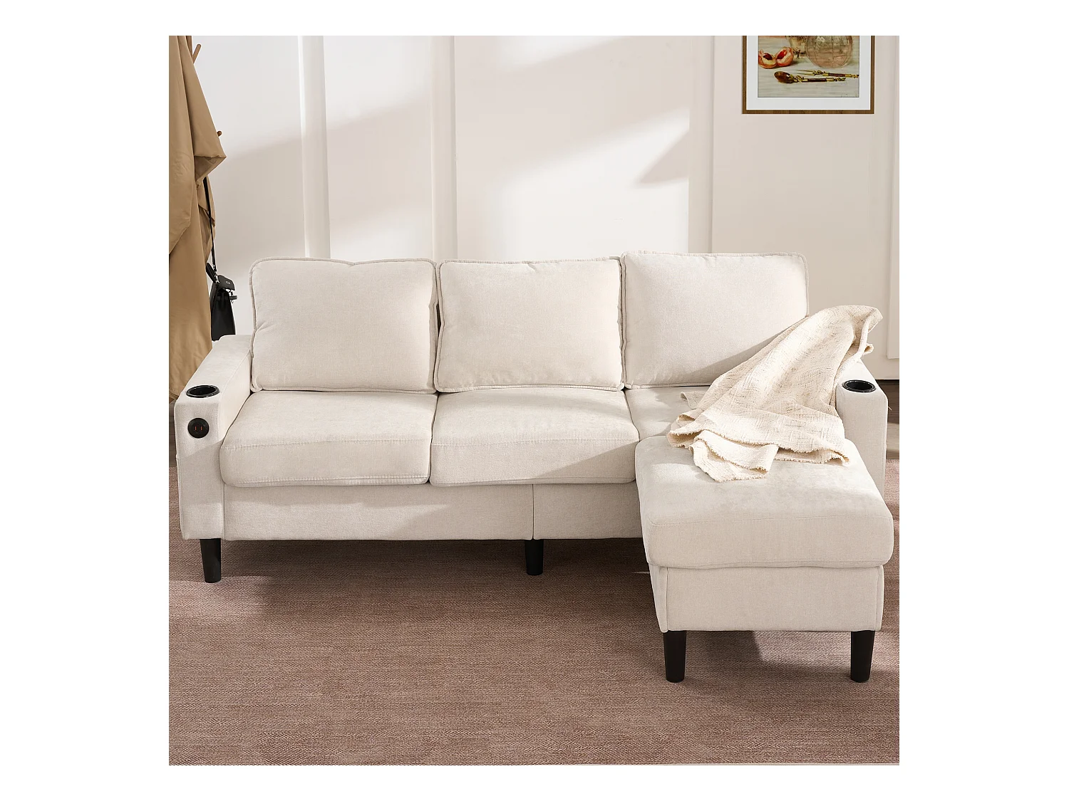 Sofá de 3 plazas acolchado​​ - con puertos ​​USB y Type-C​​ - con ​​dos portavasos​​ - ​​Sofá cama en L​​ - ​​Beige